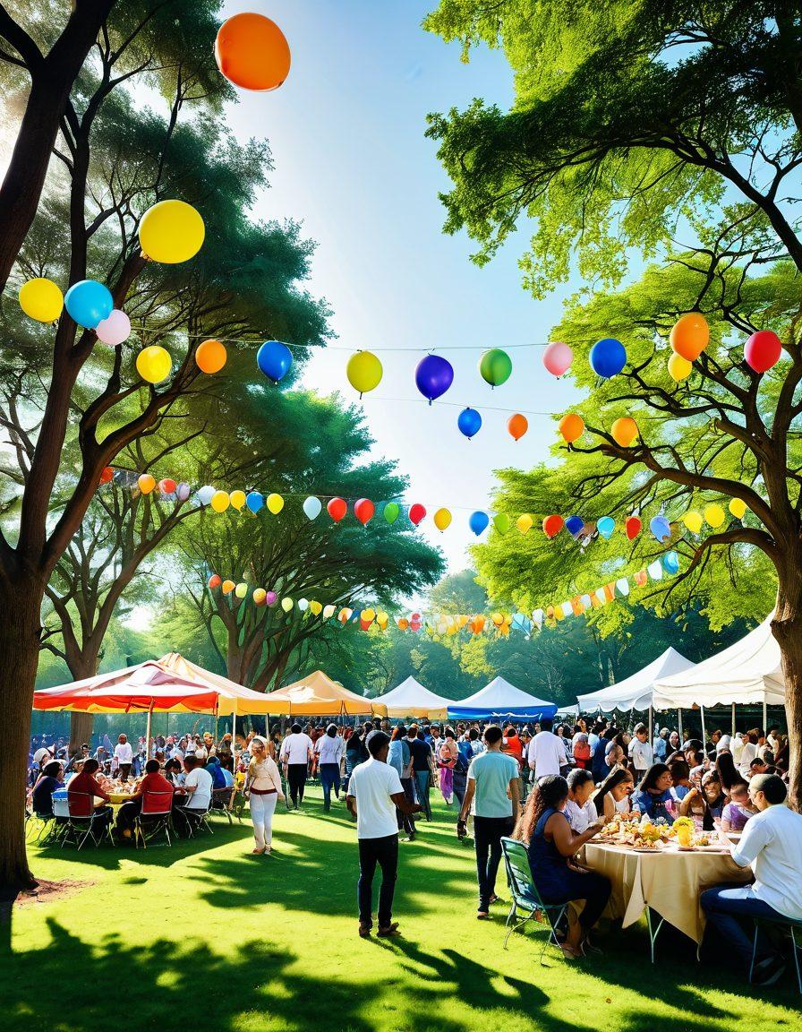 A lively community gathering in a park, with diverse groups of people interacting, enjoying various activities like music, games, and food stalls. Colorful banners and balloons float above, creating a festive atmosphere. Children are playing, and adults are chatting, showcasing a sense of unity and excitement. Incorporate warm sunlight filtering through trees, emphasizing an inviting vibe. super-realistic. vibrant colors. outdoor setting.