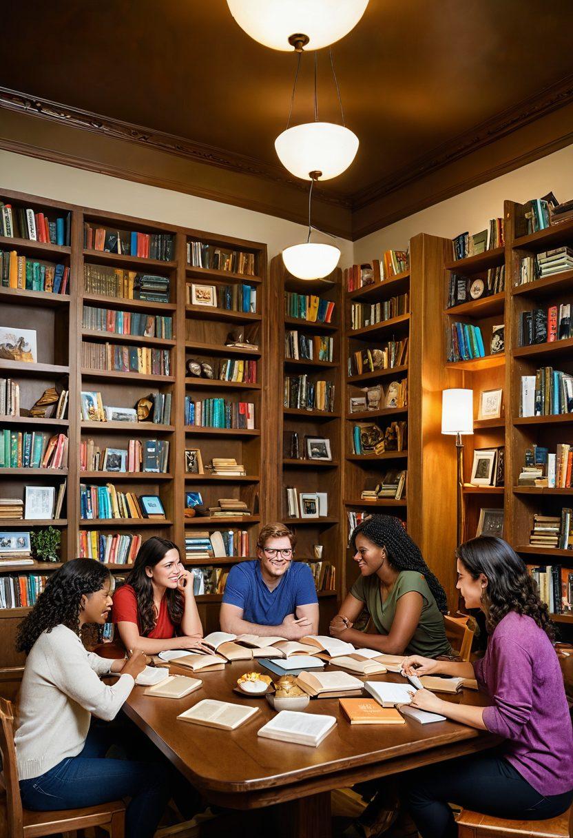 A cozy scene depicting a diverse group of people engaged in a lively book club discussion around a large wooden table, surrounded by bookshelves filled with colorful books. Include elements representing literacy initiatives, such as open books, educational posters, and a chalkboard with inspiring quotes. Soft, warm lighting enhances the inviting atmosphere. super-realistic. vibrant colors. warm tones.